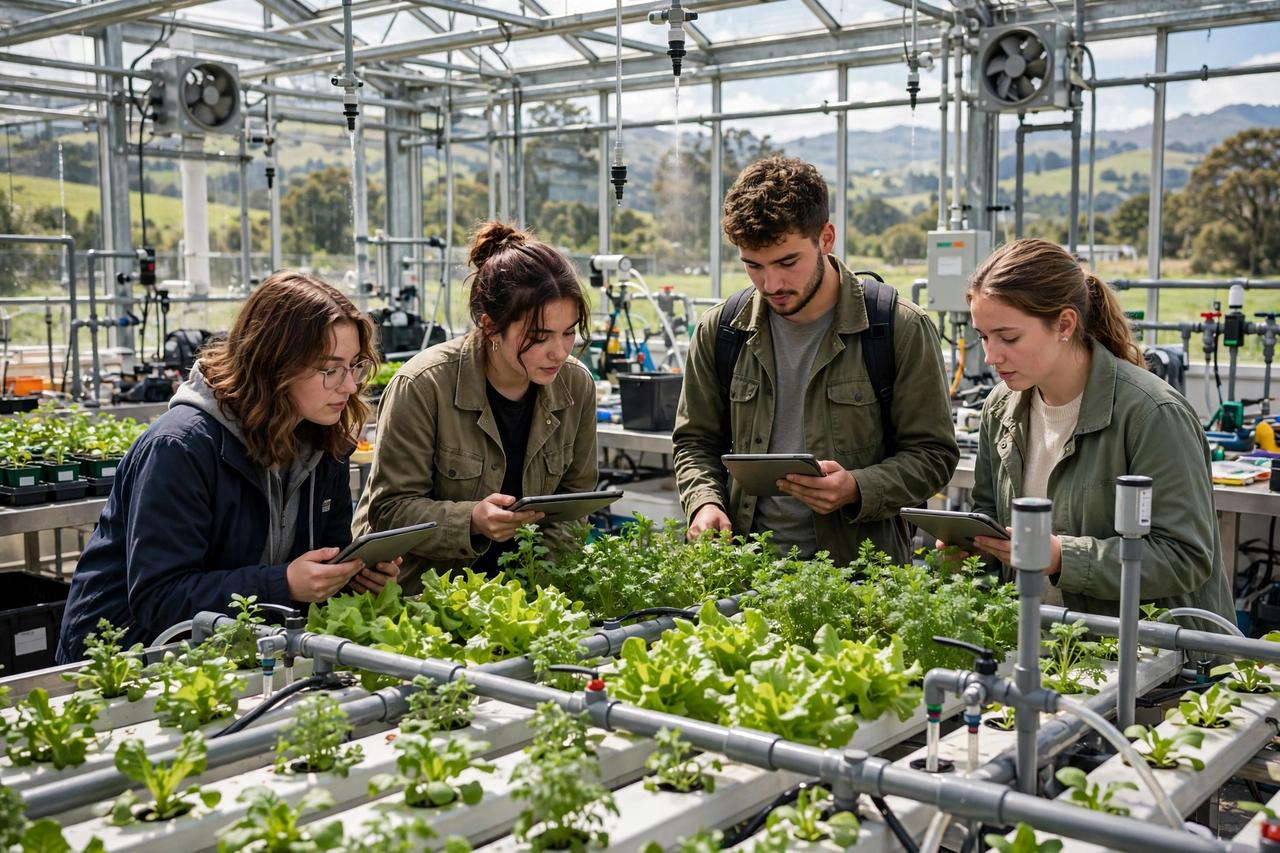 Du học New Zealand ngành Nông nghiệp 2027: Vì sao là số 1 2 Sinh viên nông nghiệp New Zealand nghiên cứu cây trồng trong nhà kính hiện đại