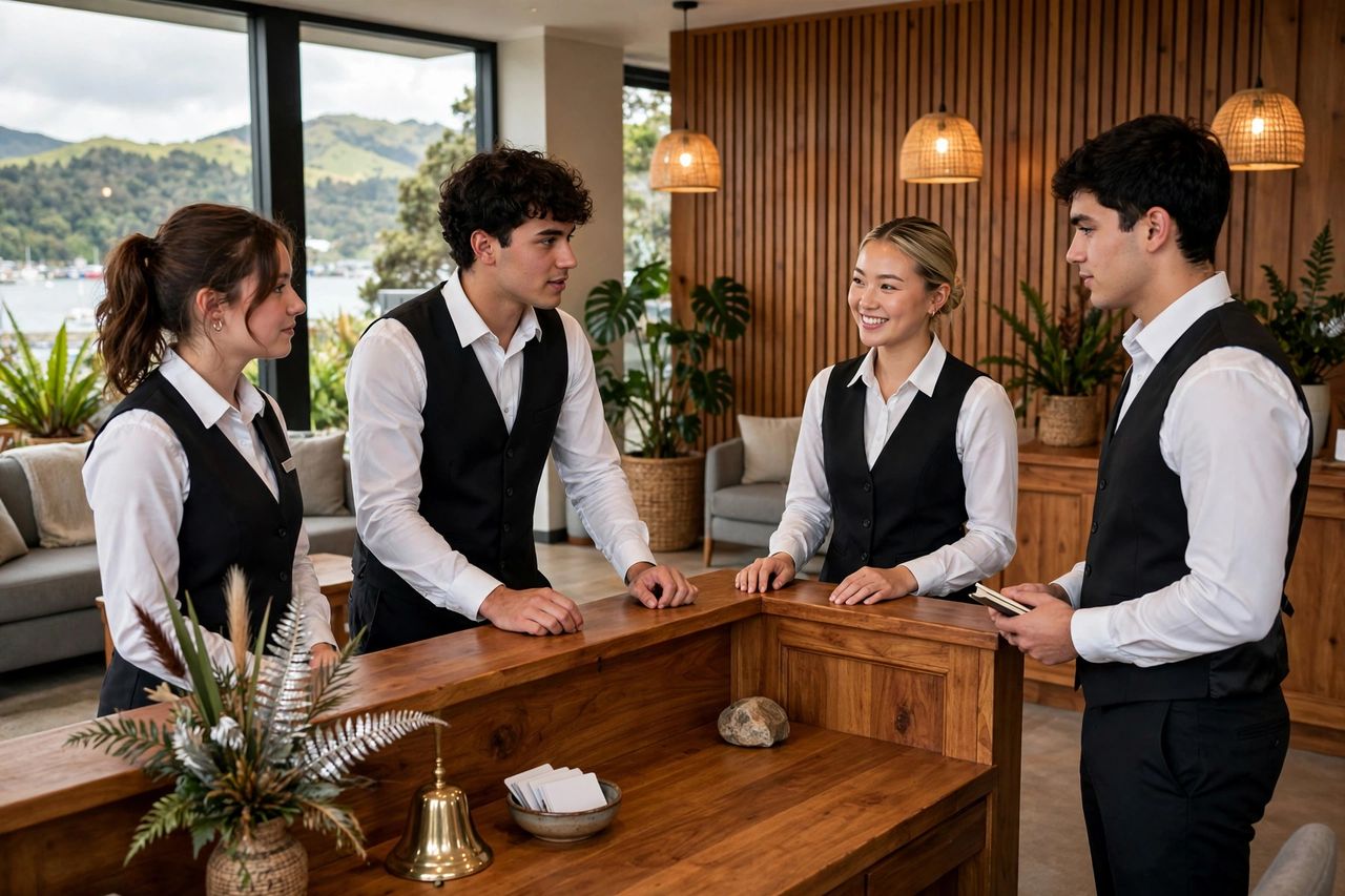 Du học New Zealand ngành Du lịch Khách sạn 2027: Trường tốt 2 Sinh viên ngành khách sạn New Zealand thực hành nghiệp vụ lễ tân tại khách sạn đào tạo