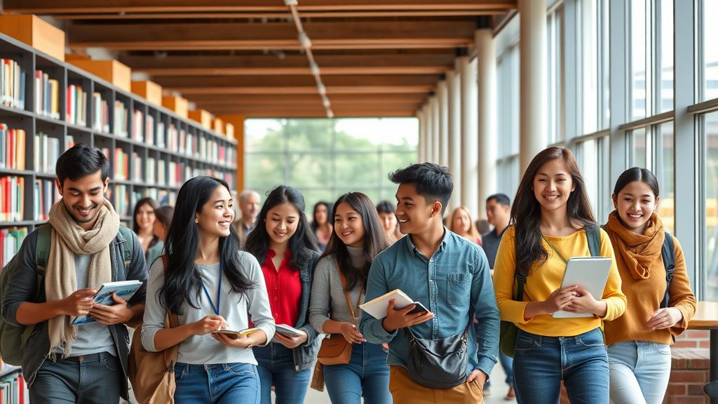 Thực hiện thủ tục xin visa du học Mỹ đúng cách 2027 5 Minh họa: Nhóm sinh viên quốc tế trong thư viện trường đại học Mỹ