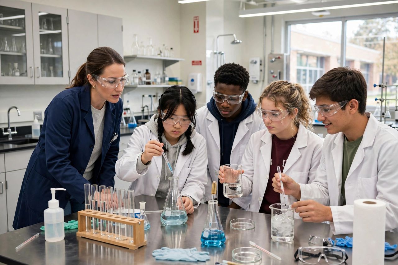 Belleview Christian 2027: Học Phí, Học Bổng & Tuyển Sinh 3 Học sinh Belleview Christian thực hành trong phòng thí nghiệm khoa học