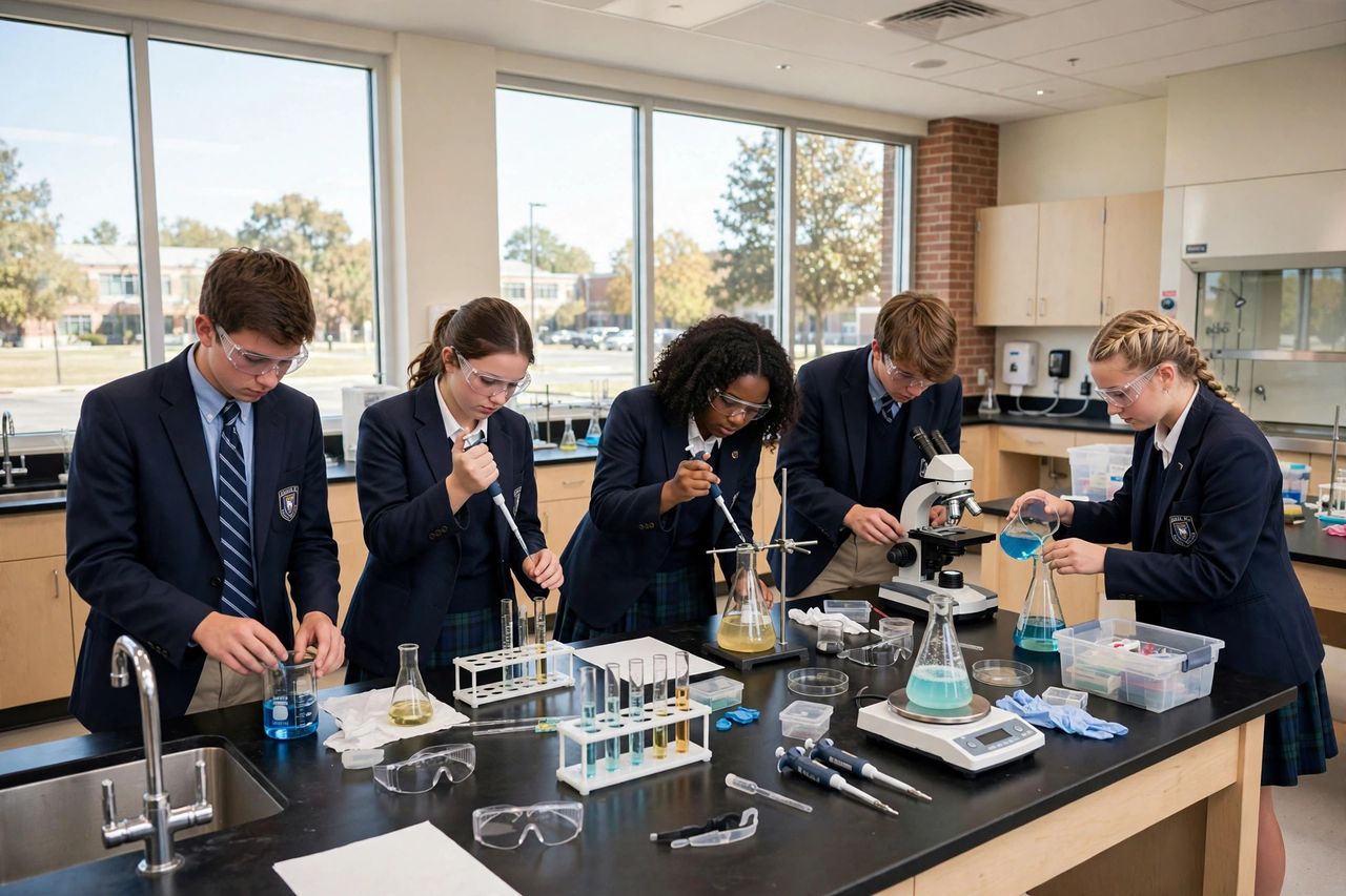 Bishop Montgomery 2027: Học Phí, Học Bổng & Tuyển Sinh 3 Học sinh Bishop Montgomery High School trong phòng lab khoa học hiện đại