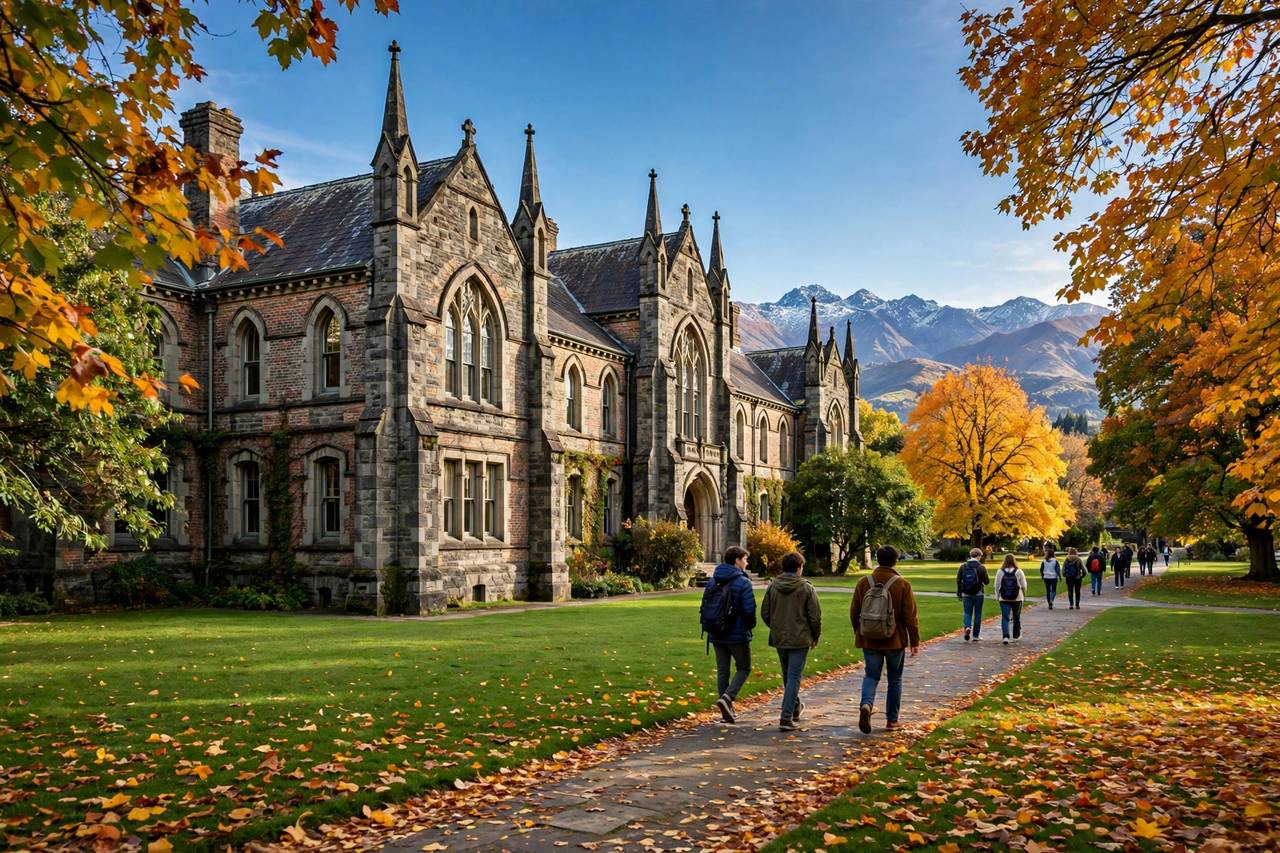 IPU New Zealand 2027: Học Phí, Học Bổng & Tuyển Sinh 3 Khuôn viên trường IPU New Zealand với kiến trúc đá cổ kính, lá thu và dãy núi phía xa