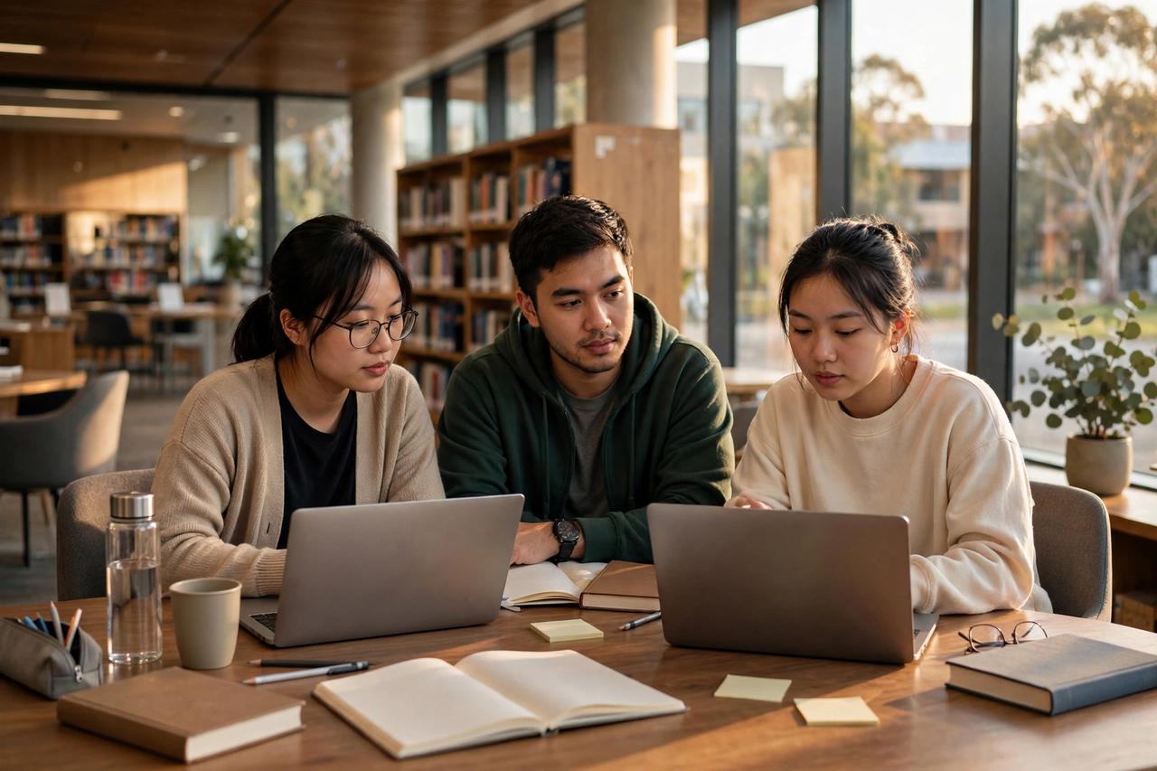 Du Học Thạc Sĩ Úc 2027: Điều Kiện, Chi Phí & IELTS 2 Sinh viên Việt Nam học thạc sĩ tại thư viện đại học ở Úc