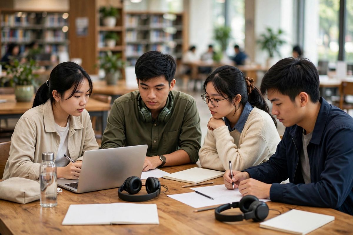 Du học Mỹ cần IELTS bao nhiêu? Yêu cầu chi tiết 2027 2 Sinh viên ôn luyện tiếng Anh IELTS tại thư viện