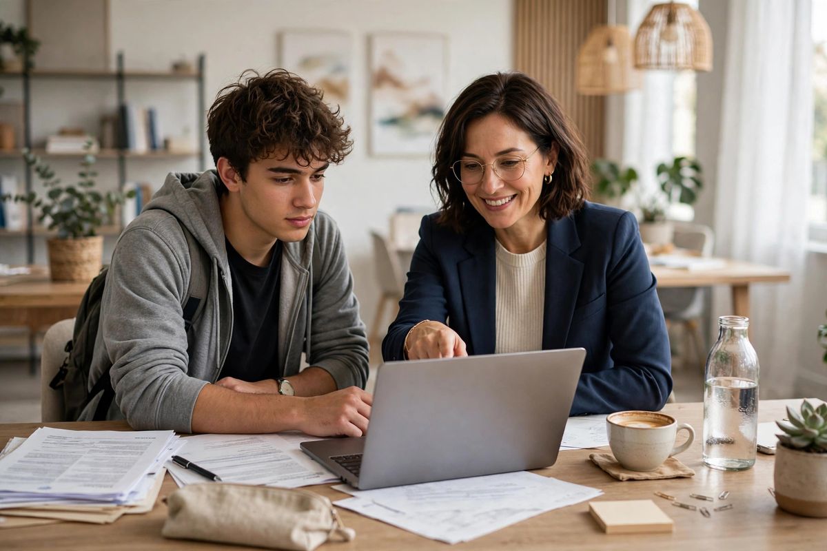 Common App du học Mỹ 2027: Hướng dẫn nộp hồ sơ A-Z 2 Tư vấn viên cùng học sinh hoàn thiện hồ sơ Common App trên máy tính