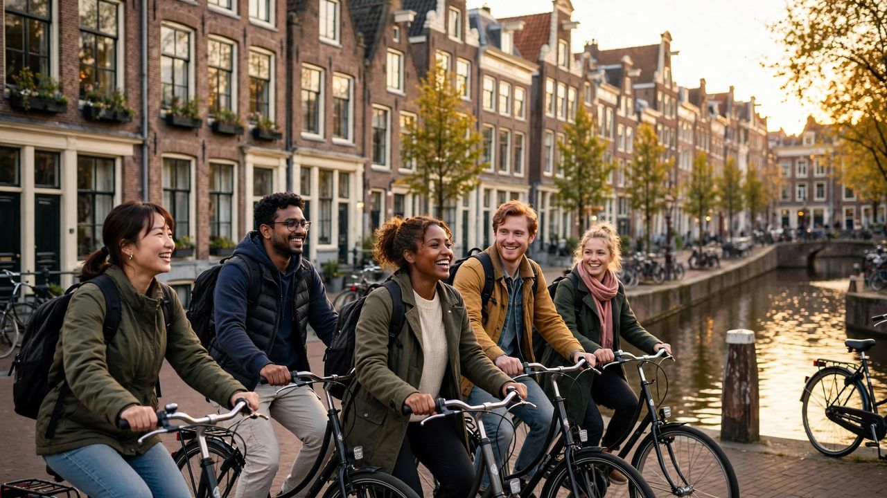 Học bổng Đại học Amsterdam 2027: Amsterdam Excellence Scholarship €25.000/năm 4 Sinh viên đạp xe dọc kênh đào Amsterdam