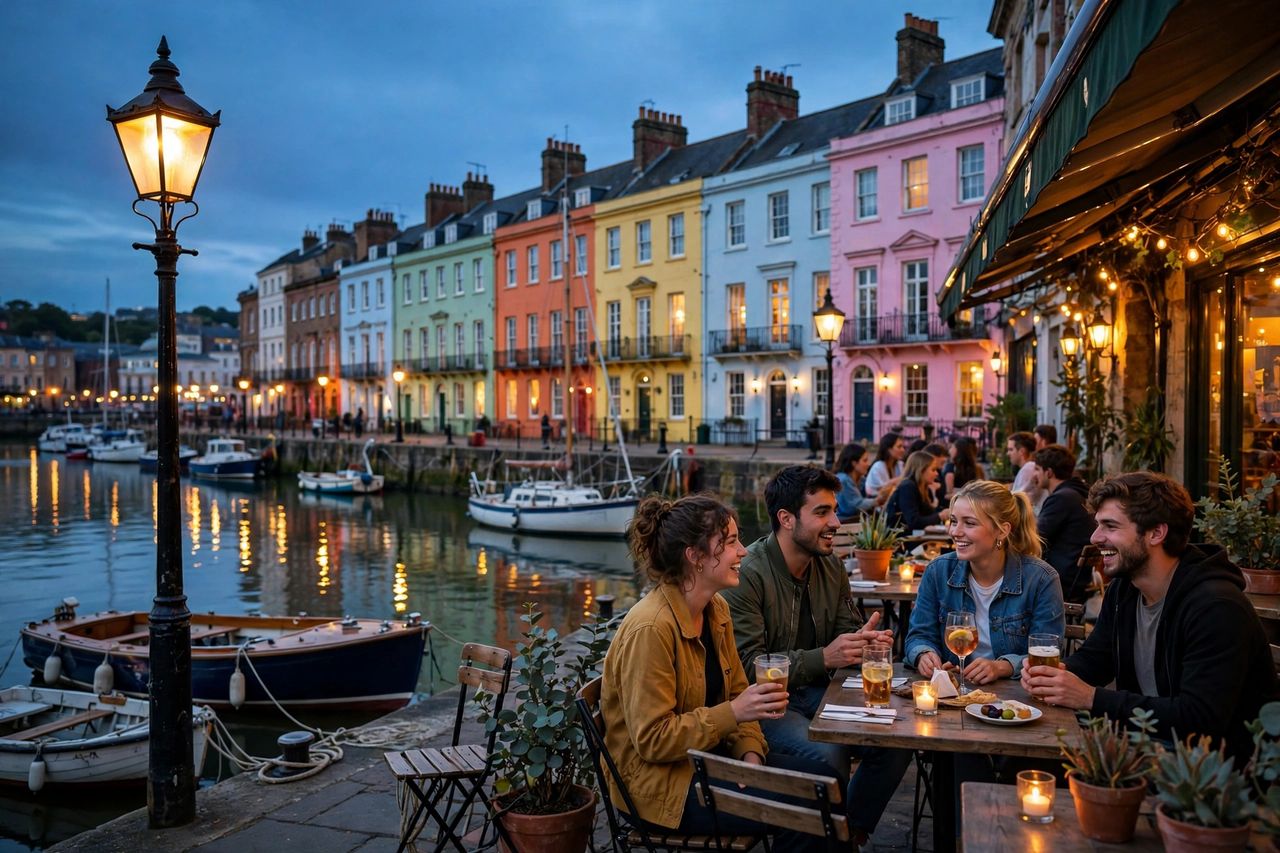 Du Học Anh Tại Bristol 2027: Chi Phí & Trường Top Đầu 4 Bến cảng Bristol về chiều với dãy nhà ven sông và quán cà phê