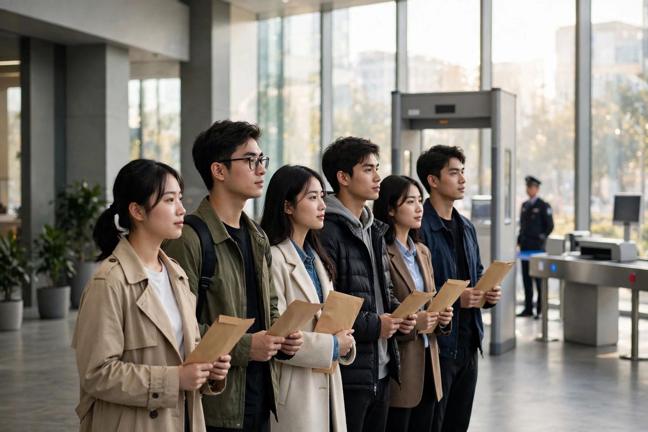 Phỏng Vấn Visa Mỹ 2027 Bị Hỏi Gì? 25+ Câu Hỏi Thực Tế 2 Ứng viên xếp hàng chờ phỏng vấn visa du học Mỹ tại lãnh sự quán