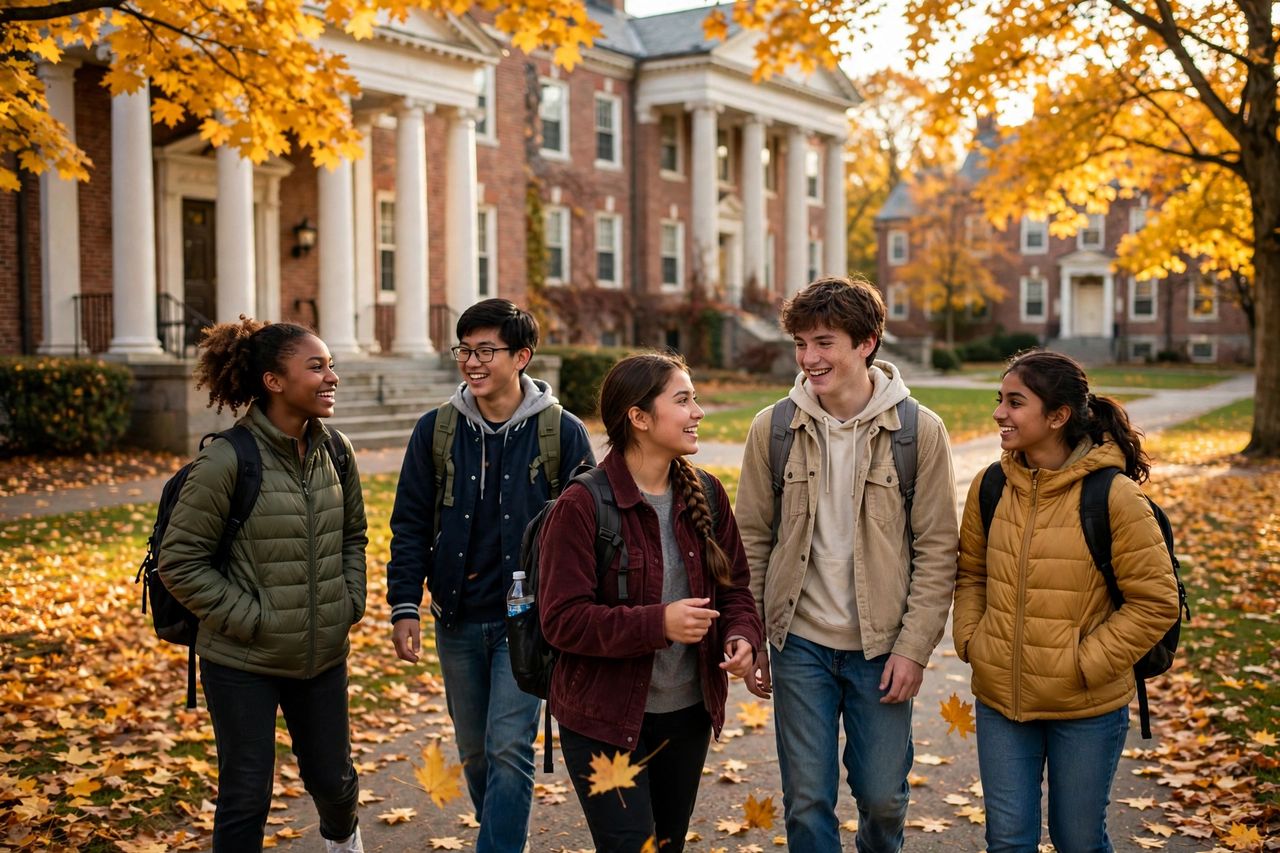 Trường Berwick Academy – Du Học THPT Maine Mỹ 2027 4 Học sinh Berwick Academy trên sân trường mùa thu New England