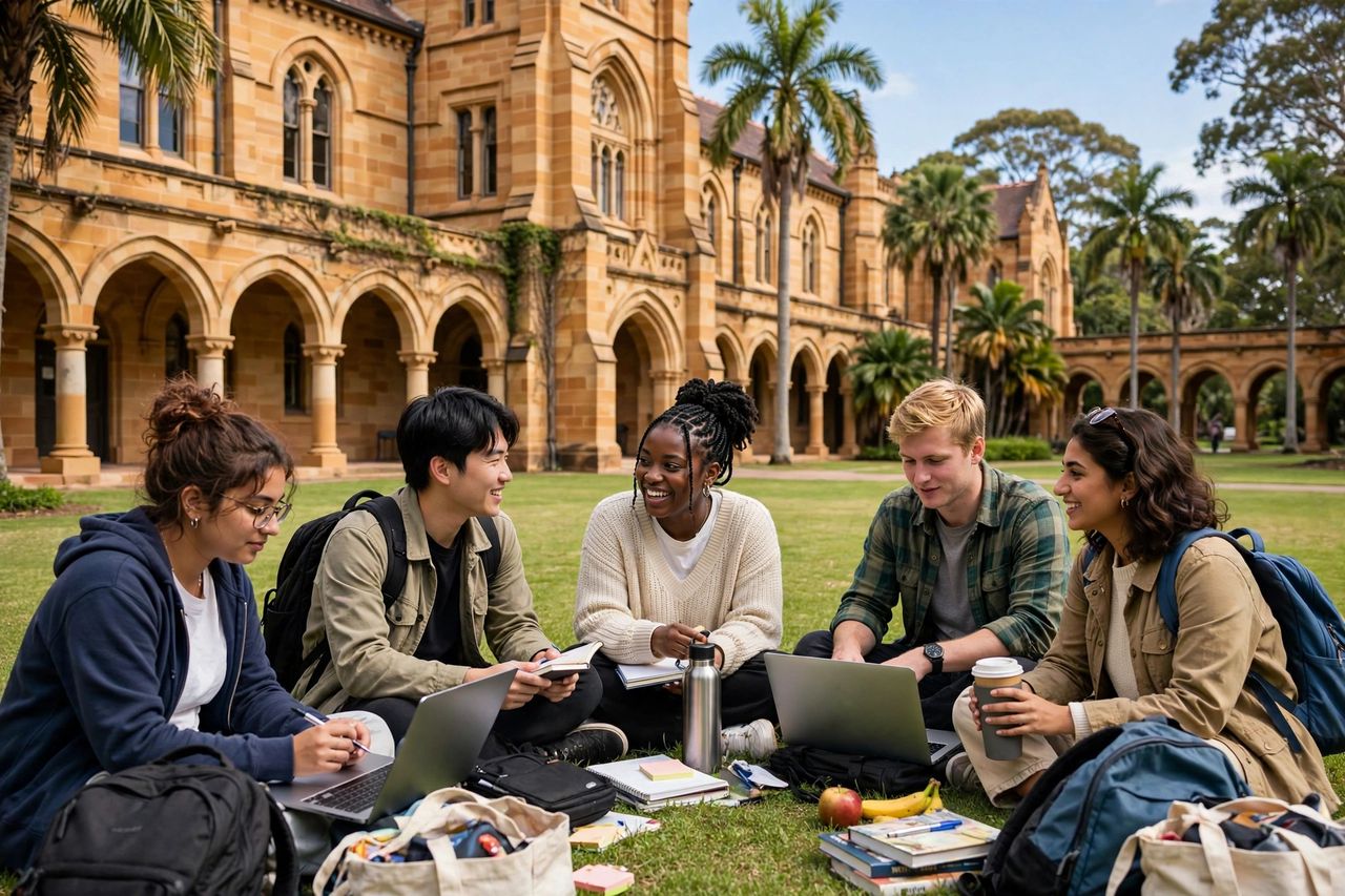 Du học Úc tại Brisbane 2027: Chi phí hợp lý, khí hậu ấm 3 Sinh viên quốc tế học nhóm trên bãi cỏ khuôn viên trường đại học tại Brisbane