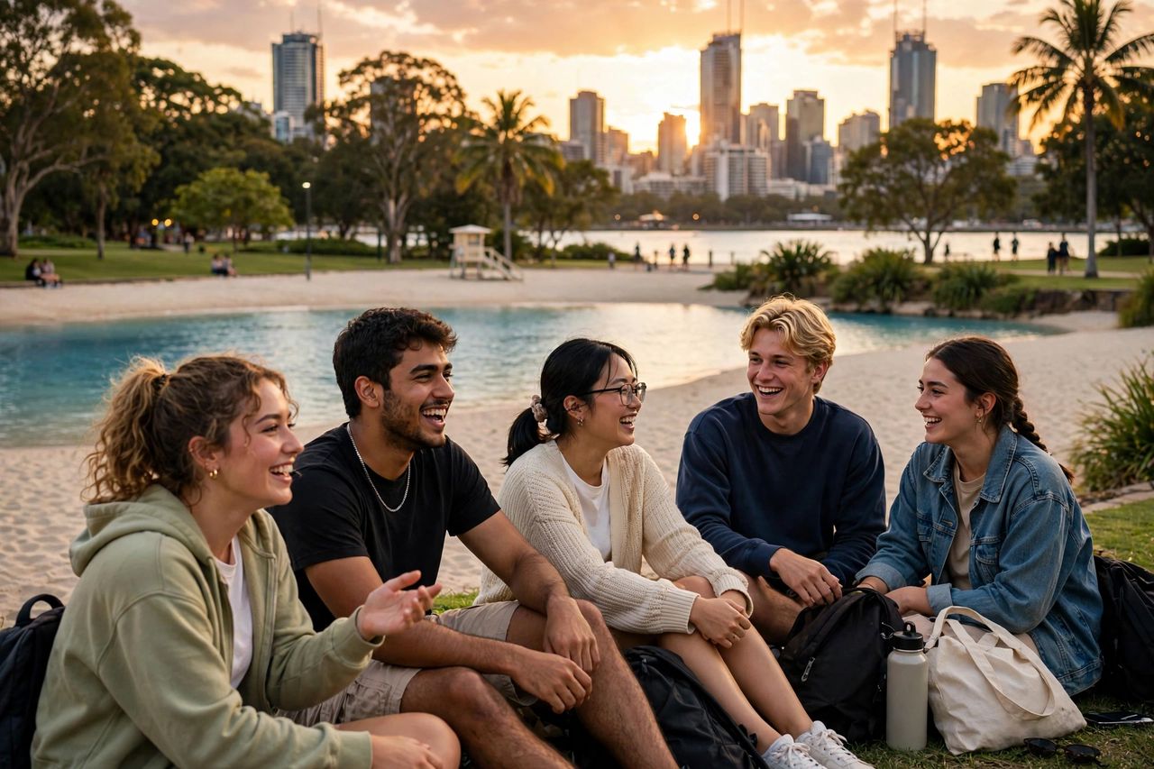 Du học Úc tại Brisbane 2027: Chi phí hợp lý, khí hậu ấm 4 Du học sinh thư giãn tại South Bank Parklands Brisbane lúc hoàng hôn