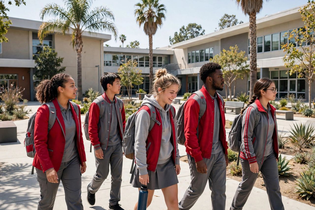 Mater Dei High School 2027: Học Phí, Thể Thao & Tuyển Sinh 3 Khuôn viên trường Mater Dei High School tại Santa Ana, California với kiến trúc gạch đỏ và hàng cọ
