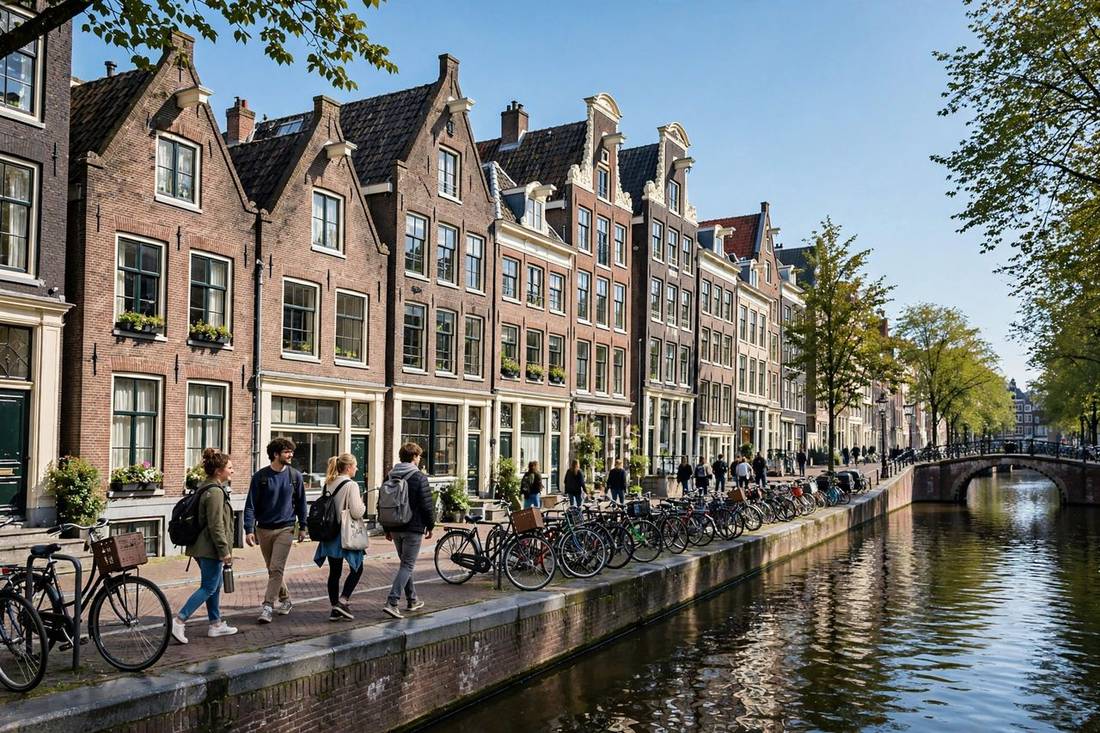 Chi Phí Du Học Hà Lan Bậc Thạc Sĩ 2027: Học Phí & Học Bổng 4 Kênh đào Amsterdam với nhà cổ Hà Lan và sinh viên đạp xe