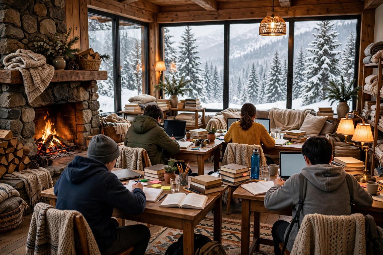 Lake Tahoe Prep School 2027: Học Phí, Nội Trú & Tuyển Sinh 3 Học sinh nội trú Lake Tahoe Prep School học nhóm trong ký túc xá ấm cúng nhìn ra rừng thông tuyết tại Olympic Valley, California