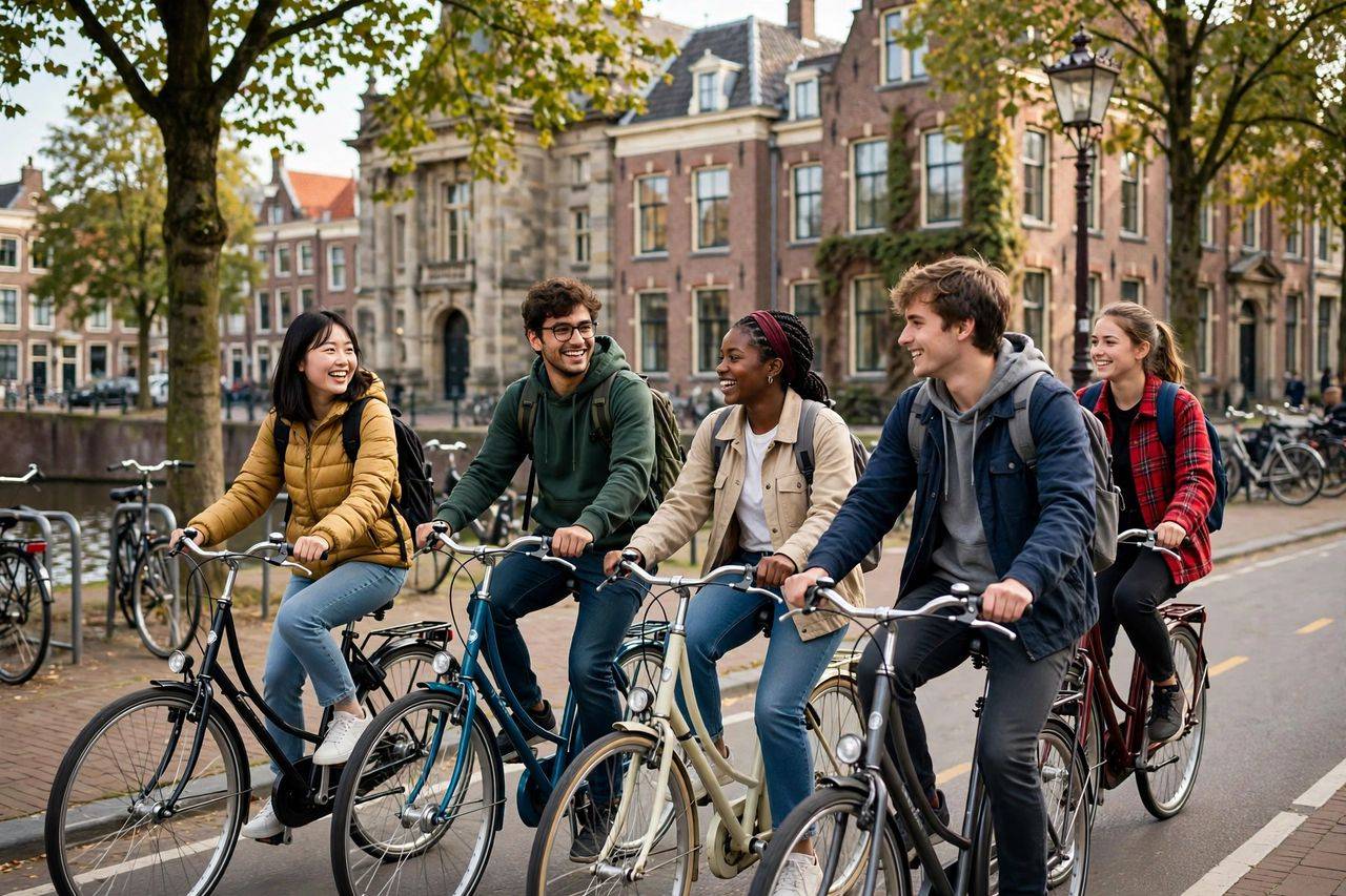 Du học Hà Lan nên chọn thành phố nào 2027 4 Sinh viên quốc tế đạp xe trong thành phố đại học Hà Lan