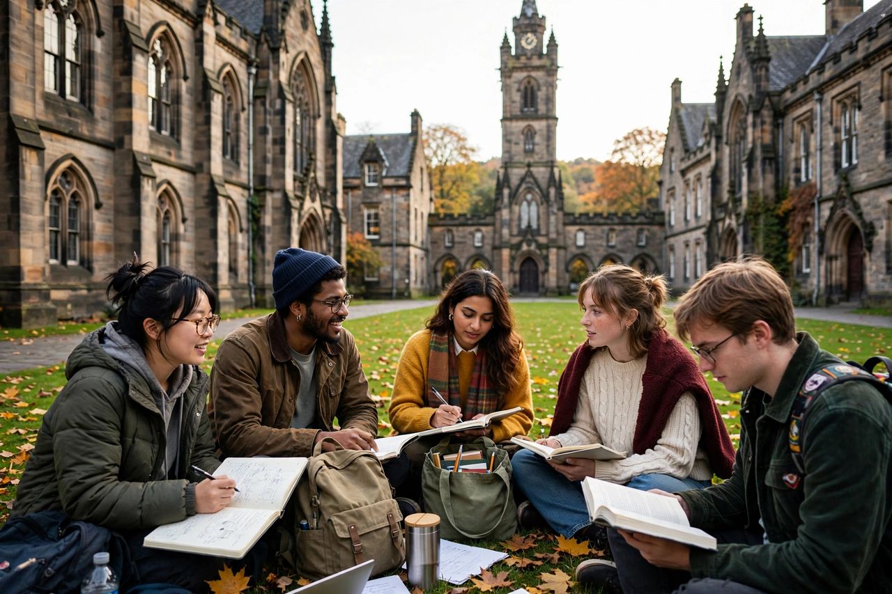 Du Học Anh Tại Glasgow 2027: Chi Phí Thấp & Trường Tốt 3 Sinh viên quốc tế học tập tại khuôn viên trường đại học cổ kính ở Glasgow