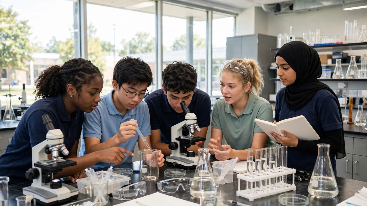La Salle College Preparatory 2027: Học Phí & Tuyển Sinh 3 Học sinh La Salle College Preparatory thực hành trong phòng thí nghiệm khoa học hiện đại
