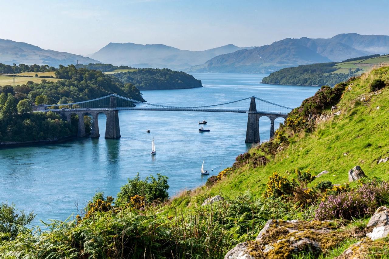 Bangor University 2027: Học Phí, Học Bổng & Điều Kiện 3 Cầu treo Menai bắc qua eo biển Menai tại Bangor, Bắc Wales