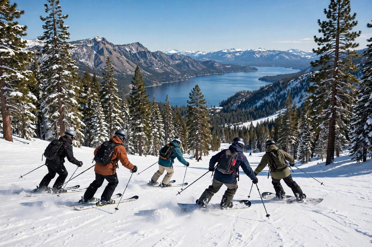 Lake Tahoe Prep School 2027: Học Phí, Nội Trú & Tuyển Sinh 4 Học sinh Lake Tahoe Prep School trượt tuyết và snowboard tại khu nghỉ dưỡng gần hồ Tahoe, Olympic Valley California