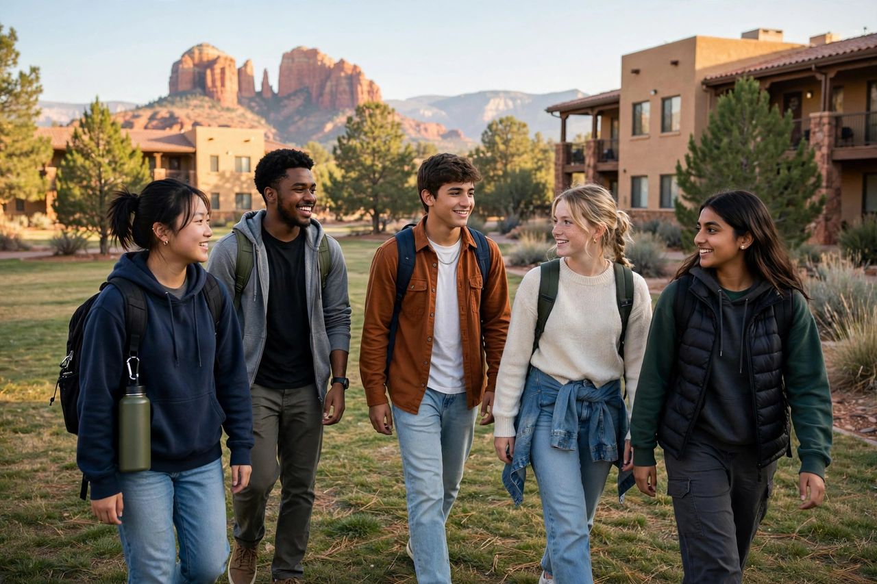 Verde Valley School 2027: Học Phí, Học Bổng & Tuyển Sinh 3 Học sinh nội trú Verde Valley School dạo bước trong khuôn viên trường tại Sedona, Arizona