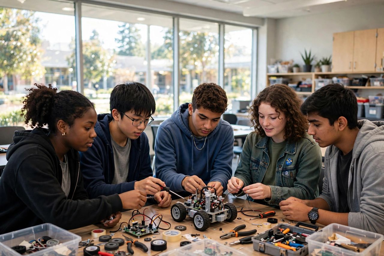 Carmel Catholic High School 2027: Học Phí & Tuyển Sinh 3 Học sinh Carmel Catholic High School tham gia dự án robotics trong lớp học STEM hiện đại