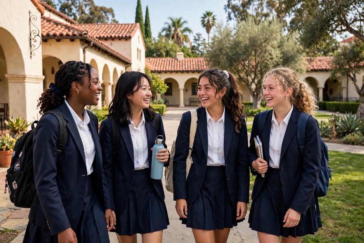 Flintridge Sacred Heart Academy 2027: Học Phí & Tuyển Sinh 3 Nữ sinh Flintridge Sacred Heart Academy trò chuyện trên khuôn viên trường phong cách Spanish Colonial tại California