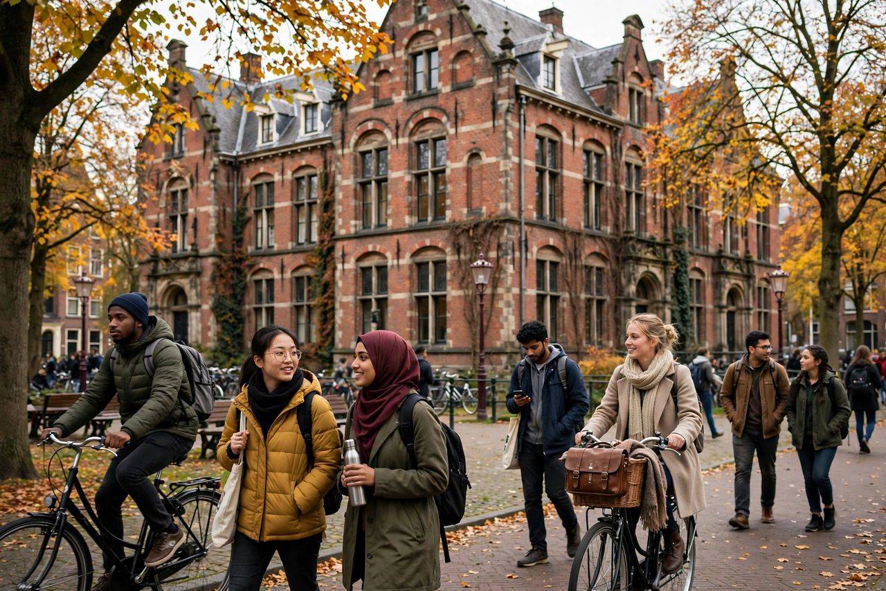 Du học Hà Lan tại Amsterdam 2027: trường & chi phí 3 Sinh viên quốc tế tại khuôn viên đại học ở Amsterdam Hà Lan