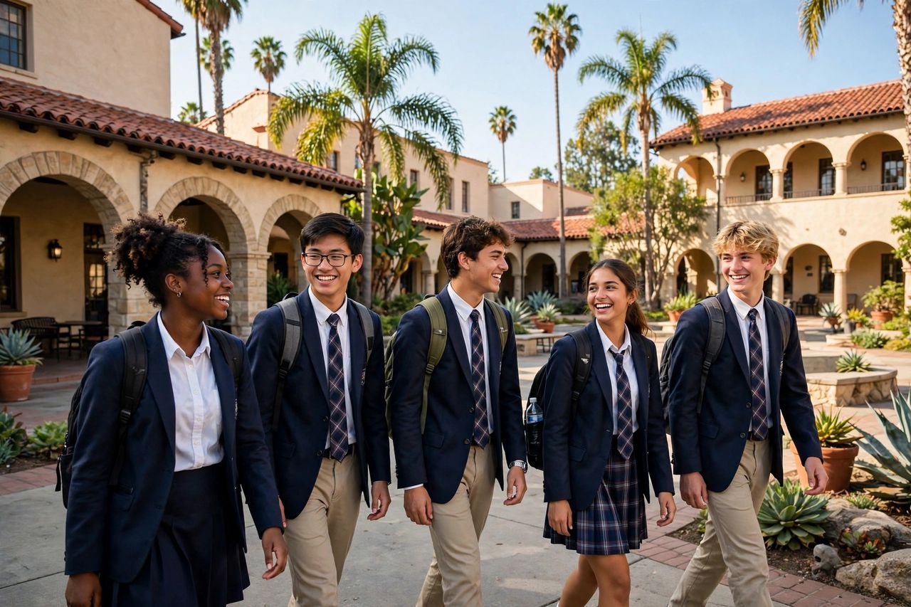 Mater Dei Catholic High School: Du Học THPT Mỹ Tại San Diego 2027 3 Học sinh Mater Dei Catholic High School trong khuôn viên trường phong cách Tây Ban Nha tại Chula Vista California