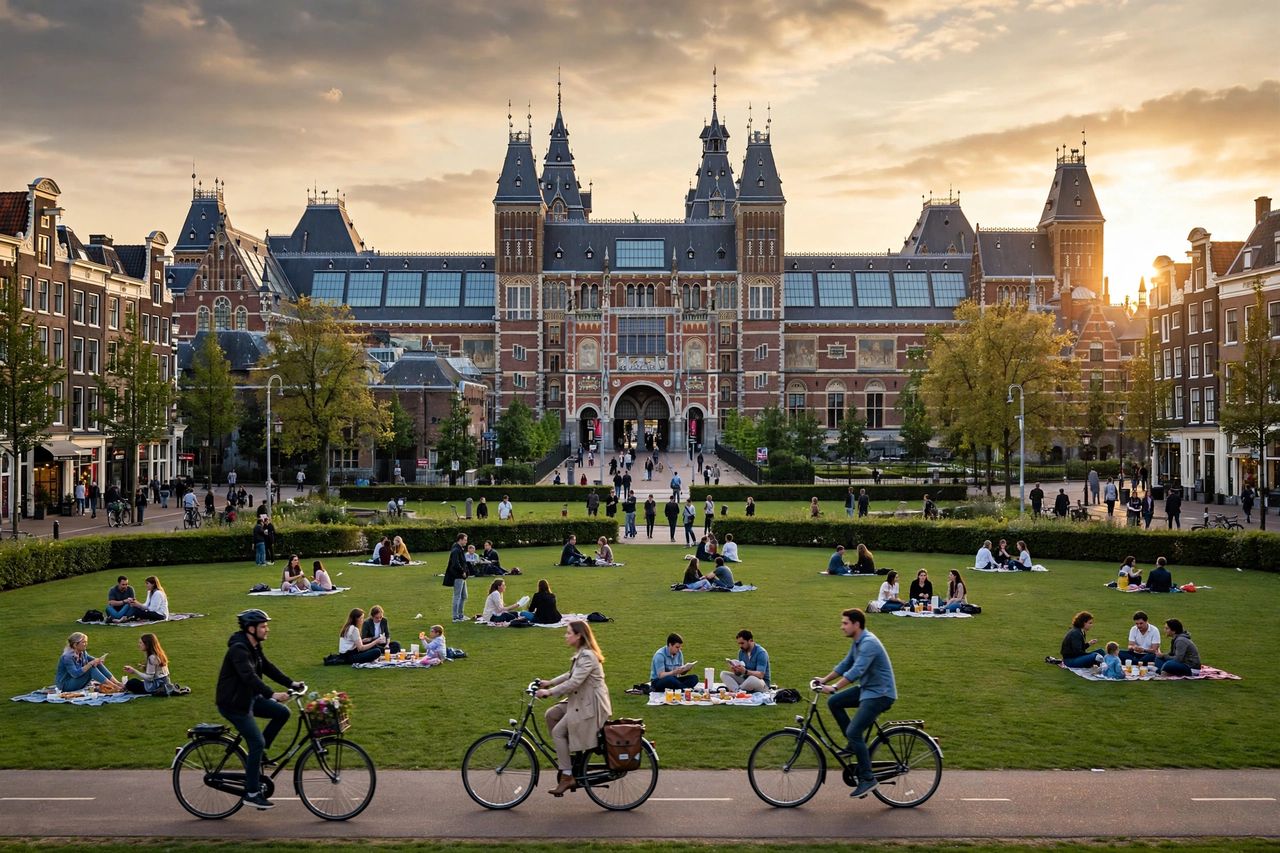 Du học Hà Lan ngành Nghệ thuật & Thiết kế 2027: chi phí 4 Quảng trường Museumplein và bảo tàng Rijksmuseum tại Amsterdam Hà Lan