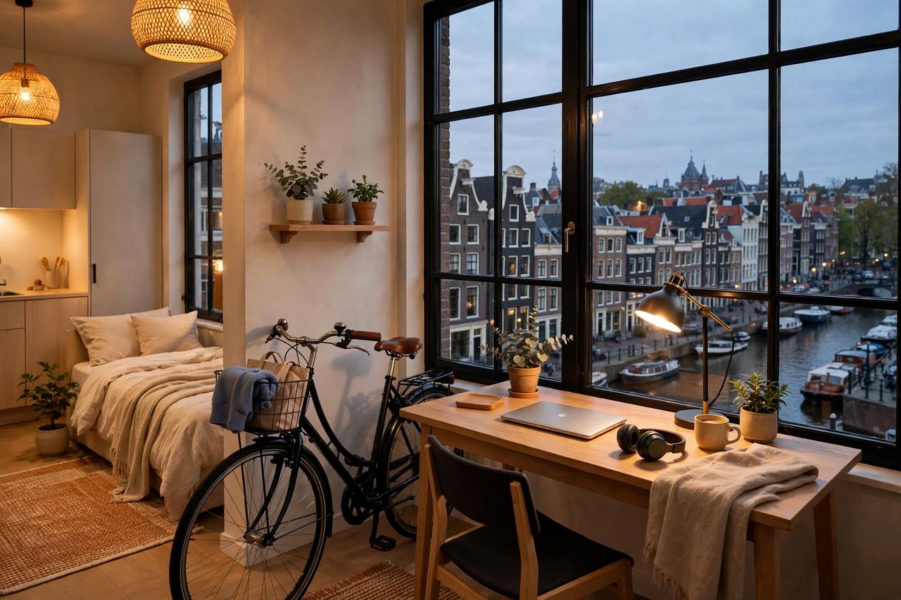 Du học Hà Lan tại Amsterdam 2027: trường & chi phí 4 Căn hộ sinh viên ấm cúng tại Amsterdam nhìn ra kênh đào