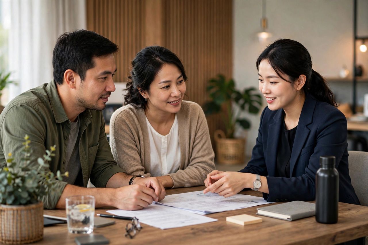 Chứng minh tài chính du học Canada 2027: cần bao nhiêu? 4 Phụ huynh trao đổi hồ sơ tài chính với tư vấn viên du học