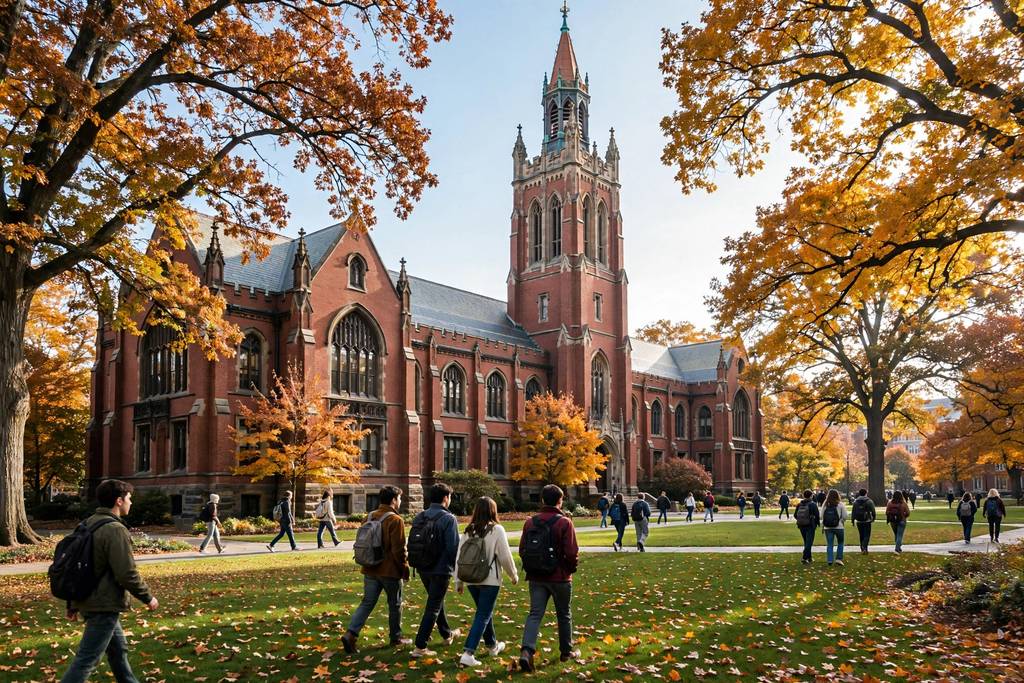 Concordia University Chicago 2027: Học bổng hấp dẫn 5 Minh họa khuôn viên trường đại học Mỹ với tòa nhà gạch đỏ cổ kính và sinh viên