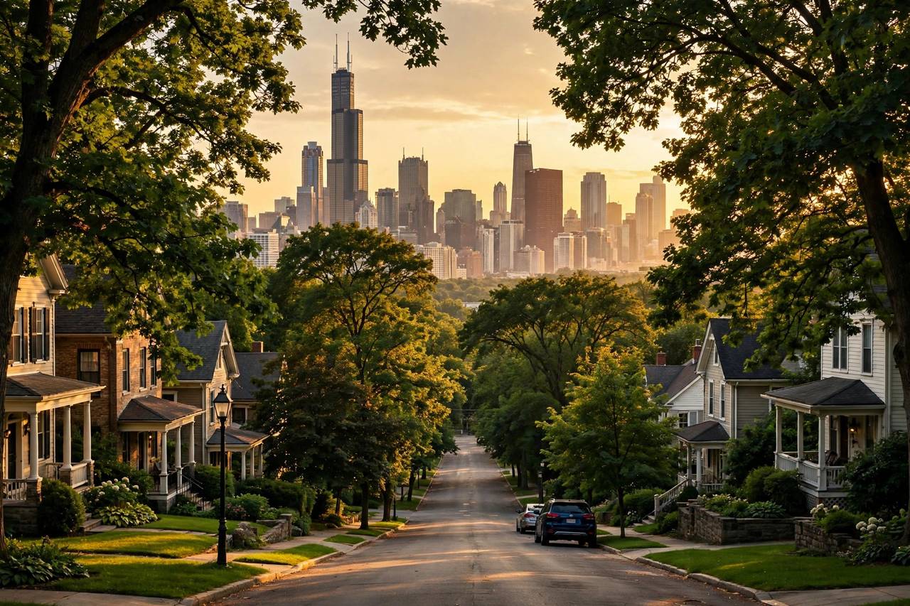 Concordia University Chicago 2027: Học bổng hấp dẫn 6 Minh họa đường chân trời Chicago nhìn từ khu ngoại ô xanh