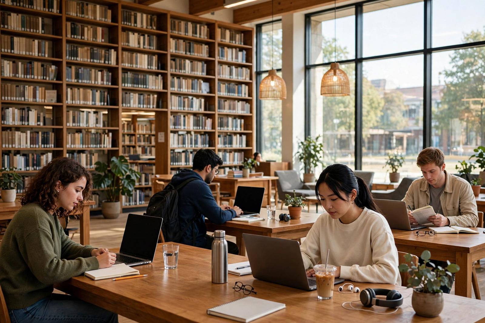 Concordia University Chicago 2027: Học bổng hấp dẫn 7 Minh họa thư viện đại học hiện đại với sinh viên đang học tập