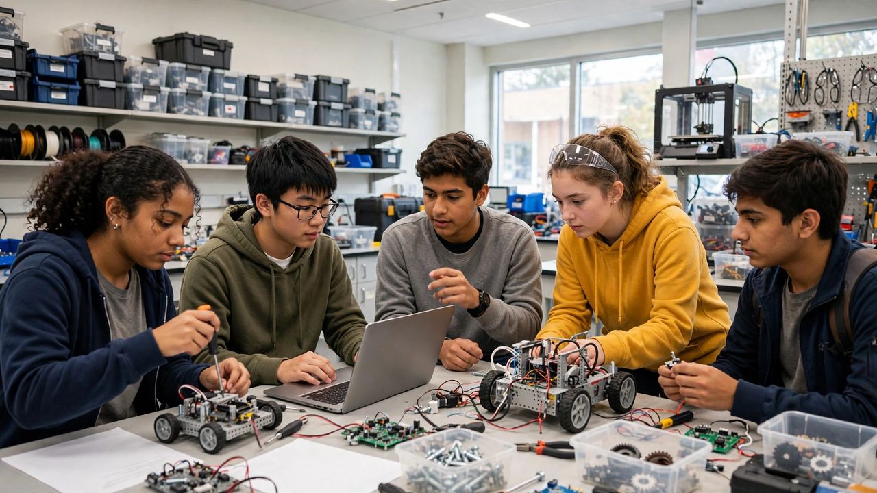 Capistrano Valley Christian Schools 2027: Học Phí Tuyển Sinh 3 Học sinh Capistrano Valley Christian Schools thực hành robotics trong phòng lab kỹ thuật hiện đại