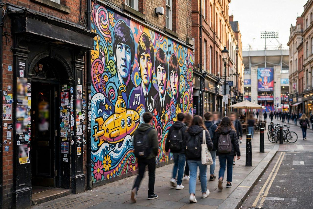Du Học Anh Tại Liverpool 2027: Chi Phí & Trường Tốt Nhất 4 Phố Liverpool với tranh tường ban nhạc Beatles và không khí bóng đá
