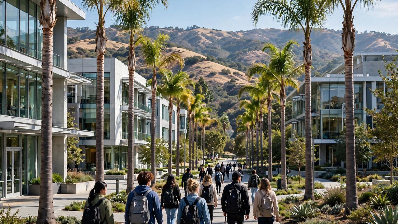 Du học Mỹ bang California 2027: Chi phí & lộ trình TAG 2 Khuôn viên đại học tại California với hàng cọ và sinh viên