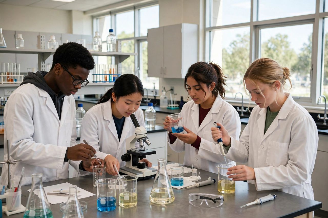 Erie Prep Academy 2027: Học Phí, Tuyển Sinh THPT Mỹ 3 Học sinh Erie Prep Academy trong phòng thí nghiệm khoa học hiện đại