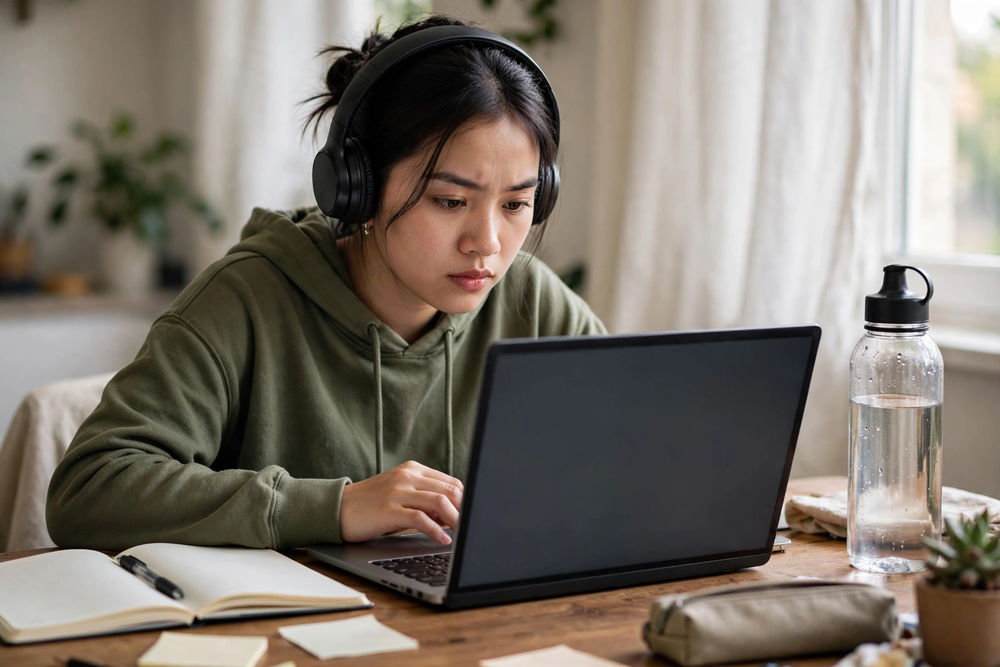 Du Học Mỹ Chưa Có IELTS 2027: 3 Con Đường Vẫn Đi Được 2 Học sinh Việt Nam làm bài thi tiếng Anh trên laptop tại nhà — minh họa thi Duolingo English Test