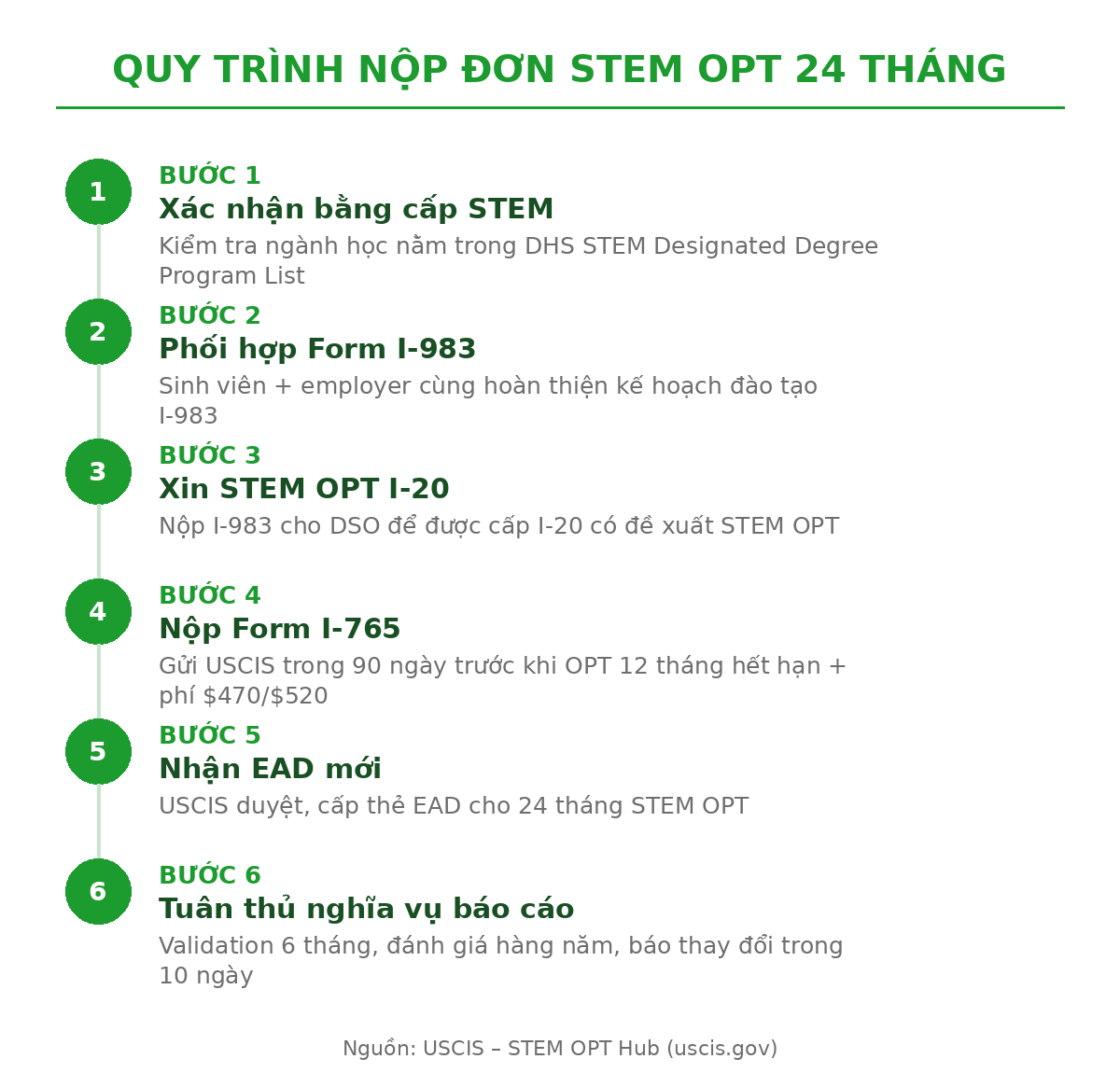STEM OPT 24 tháng du học Mỹ 2027: điều kiện, hồ sơ & cách xin 3 Infographic quy trình 6 bước nộp đơn STEM OPT 24 tháng