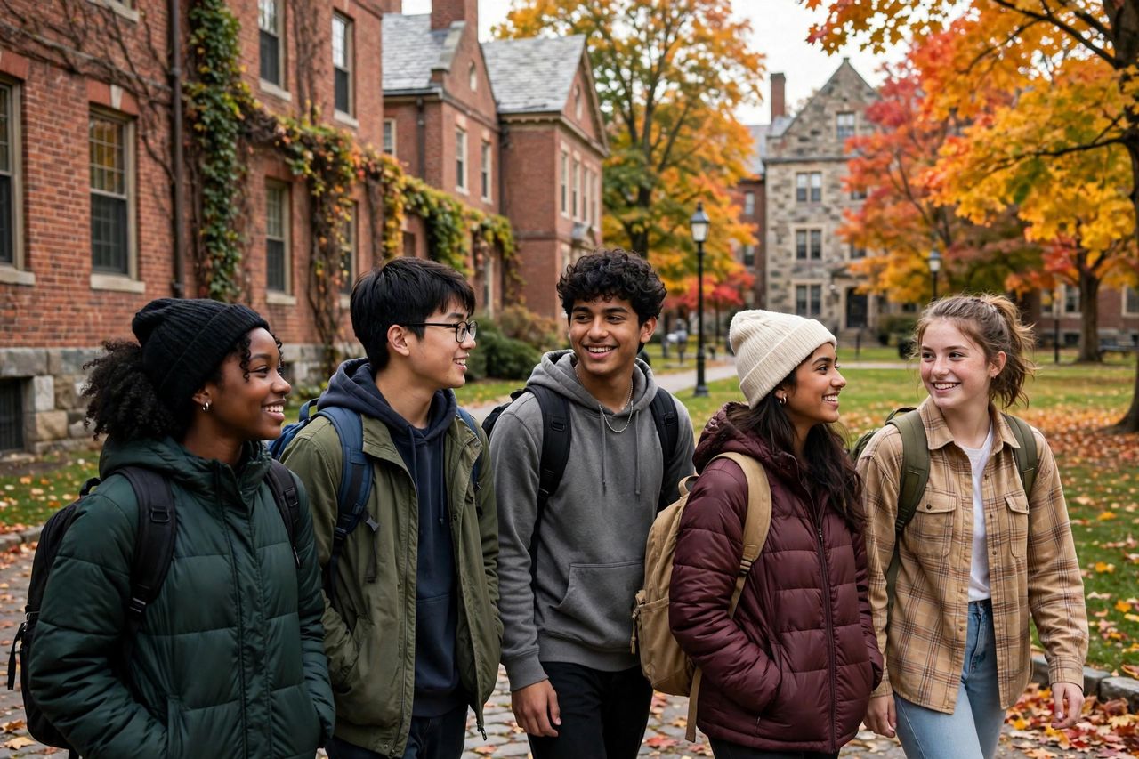 Gilbert School 2027: Học Phí, Học Bổng & Tuyển Sinh 3 Học sinh quốc tế dạo bước trên campus mùa thu của The Gilbert School