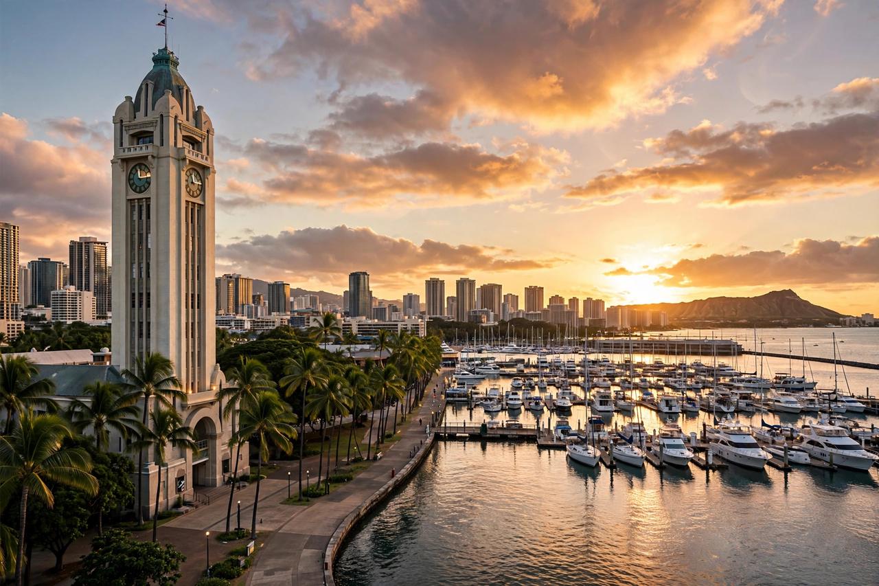 Hawaii Pacific University 2027: Học phí & 7 Tháp Aloha Tower và bến du thuyền Honolulu lúc hoàng hôn gần campus HPU