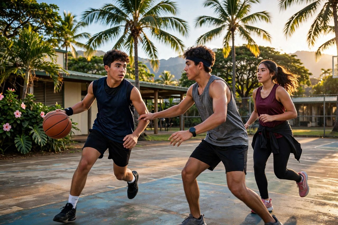 Iolani School 2027: Học Phí, Học Bổng & Tuyển Sinh THPT 4 Học sinh ʻIolani School chơi bóng rổ tại sân trường ở Hawaii
