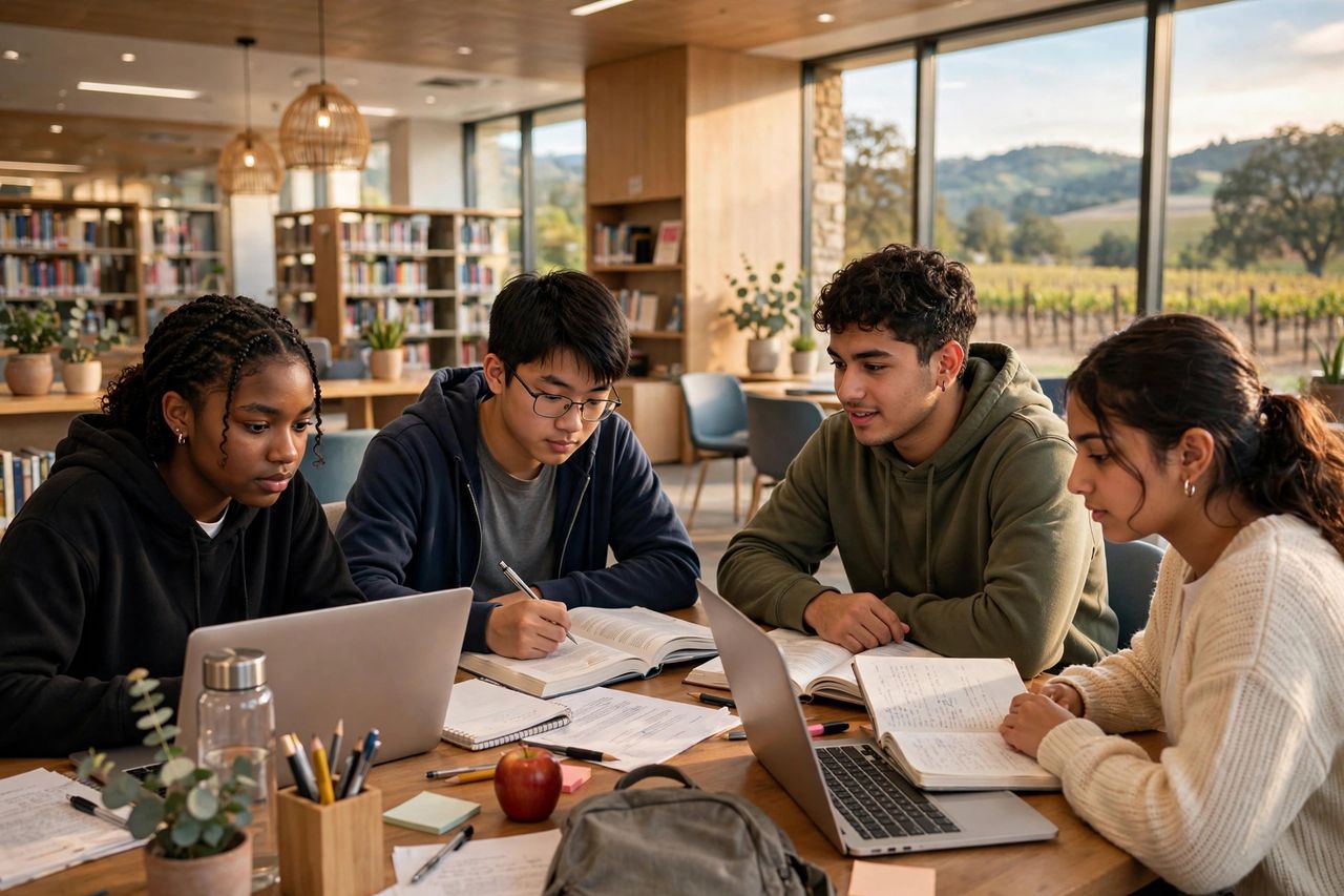 Justin-Siena High School 2027: Học Phí, Nội Trú & Tuyển Sinh 3 Học sinh trung học Justin-Siena học nhóm trong thư viện trường tại Napa, California