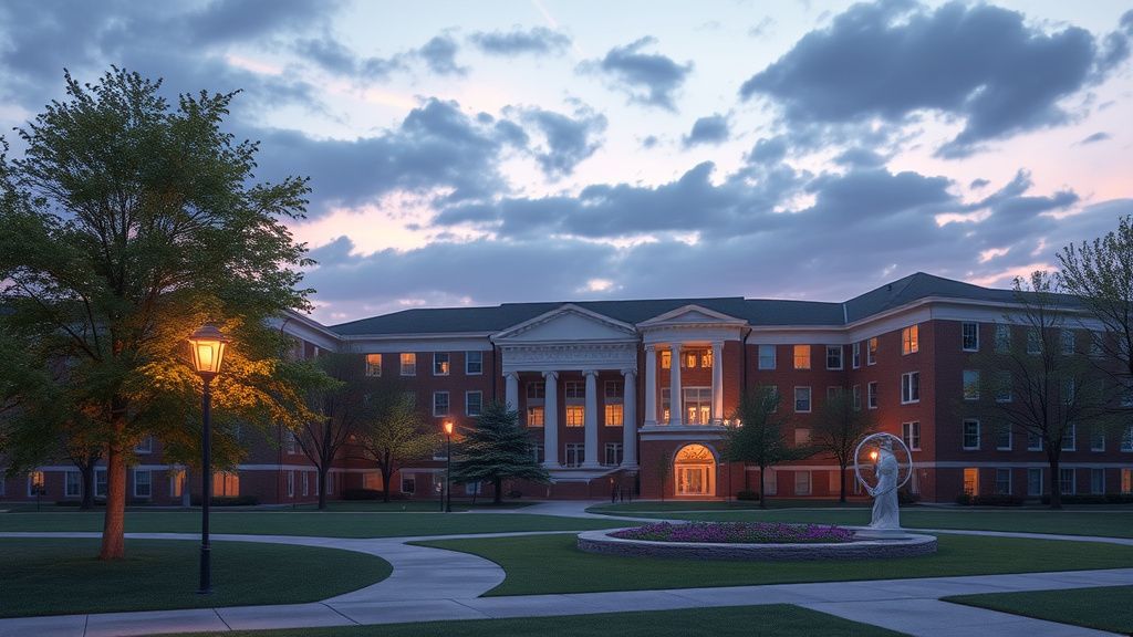 University of Illinois Springfield 2027: Học phí & ngành 7 Minh họa khuôn viên trường đại học buổi hoàng hôn với tượng đài và bãi cỏ xanh - University of Illinois Springfield