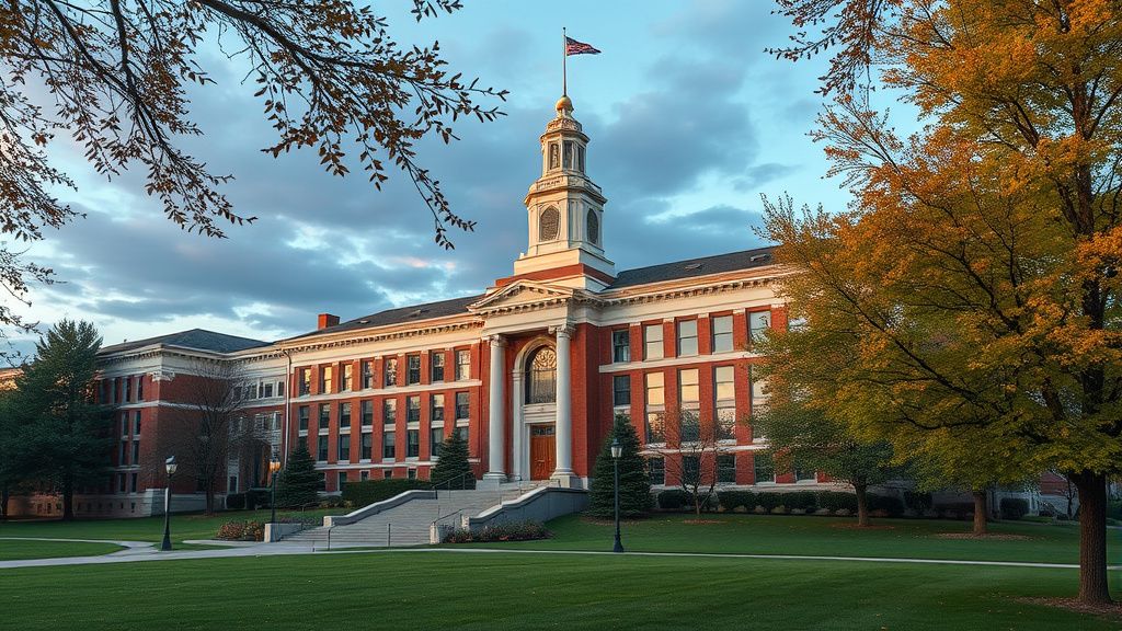 University of Illinois Springfield 2027: Học phí & ngành 9 Minh họa tòa nhà cổ điển với hàng cột trắng và cờ Mỹ trong khuôn viên trường - University of Illinois Springfield