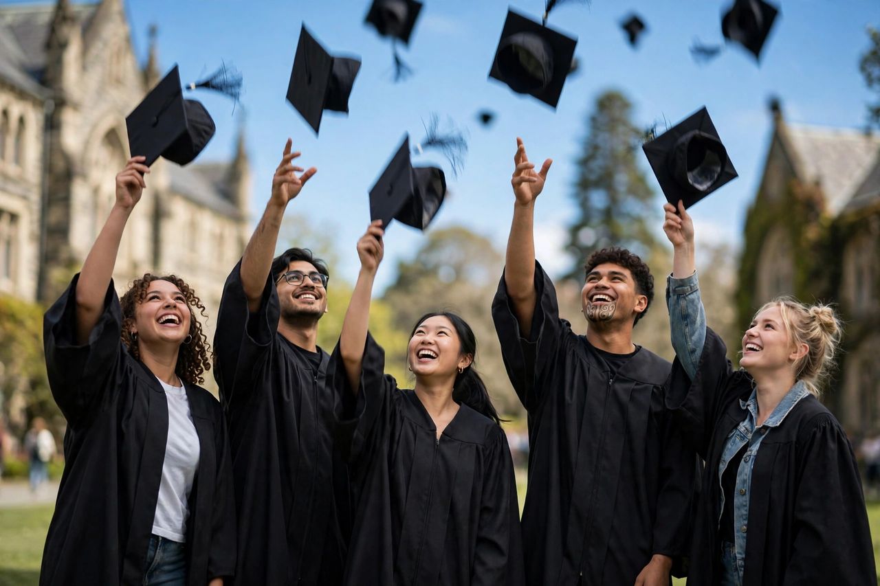 Học Bổng Đại Học Otago 2027: Điều Kiện & Giá Trị 4 Sinh viên tốt nghiệp Đại học Otago tung mũ ăn mừng