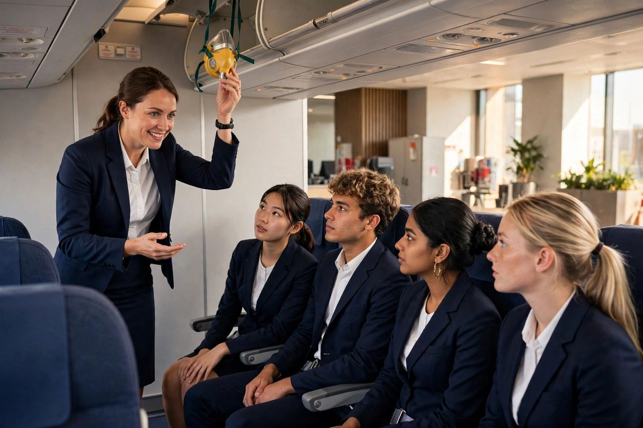 Du Học New Zealand 2027: International Travel College (ITC) 4 Sinh viên thực hành tiếp viên hàng không trong cabin mô phỏng tại International Travel College of New Zealand