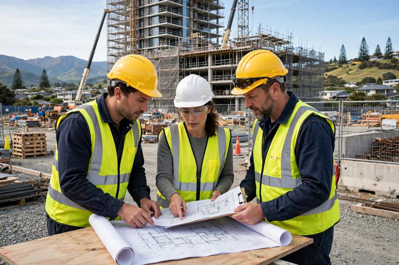 Green List New Zealand 2027: Ngành Nào Dễ Định Cư Nhất? 4 Kỹ sư xây dựng xem bản vẽ tại công trình ở New Zealand
