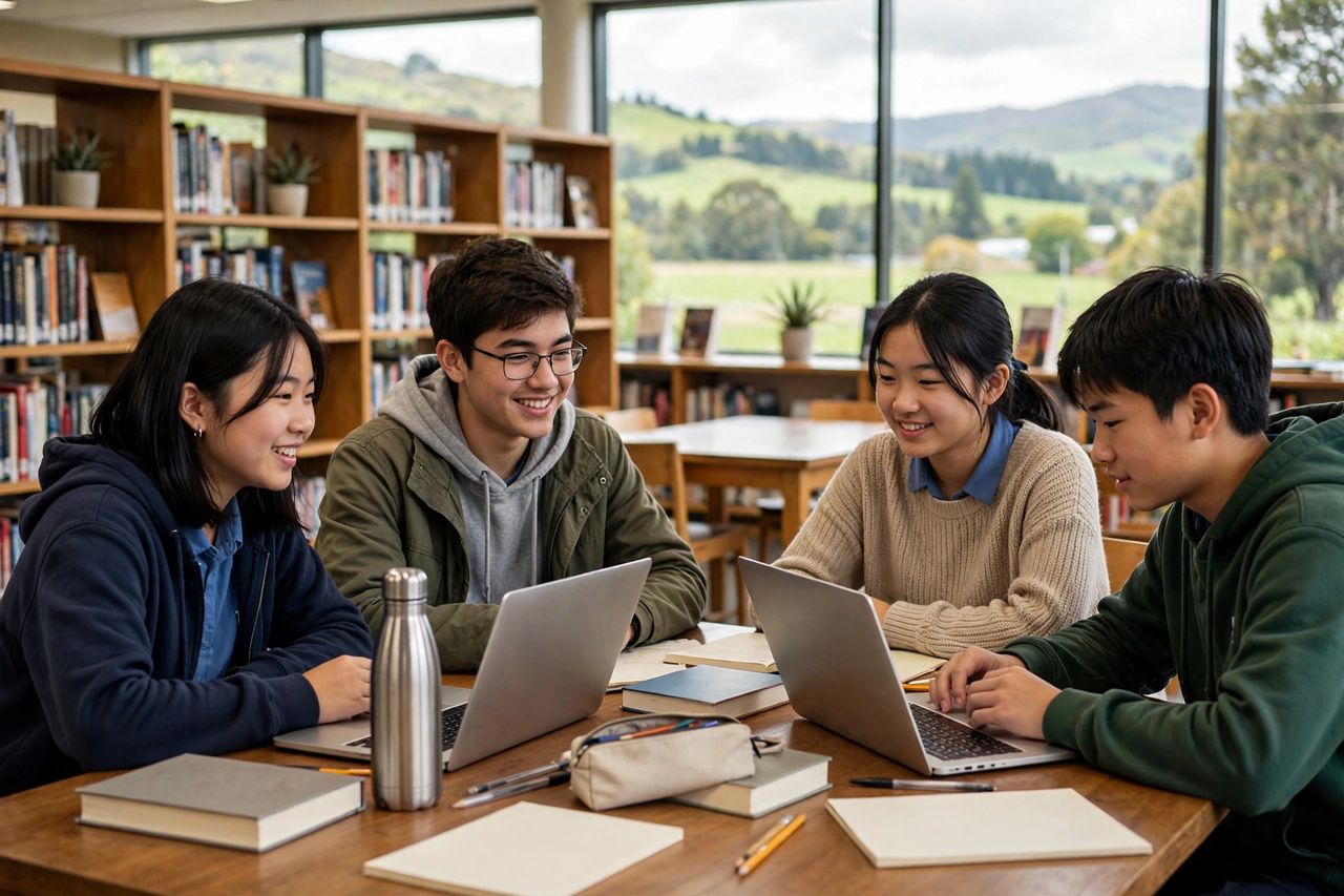 Học Bổng Du Học New Zealand Cho Học Sinh Cấp 3 2027 2 Học sinh quốc tế học tập tại thư viện trường trung học New Zealand